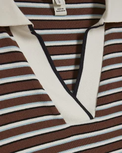 Brown Cotton Blend Striped Polo Top