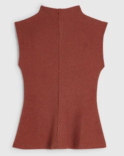 Brown Cotton Blend Textured Grown On Neck Top