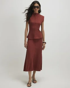Brown Cotton Blend Textured Grown On Neck Top