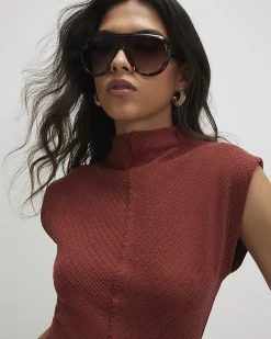 Brown Cotton Blend Textured Grown On Neck Top