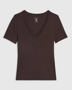 Brown Cotton Blend V Neck T-Shirt