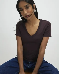 Brown Cotton Blend V Neck T-Shirt