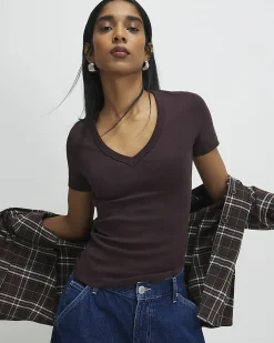Brown Cotton Blend V Neck T-Shirt