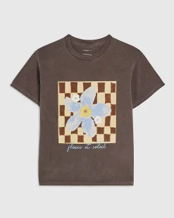 Brown Cotton Checkerboard Flower T-Shirt
