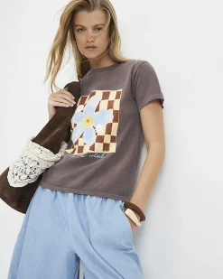 Brown Cotton Checkerboard Flower T-Shirt