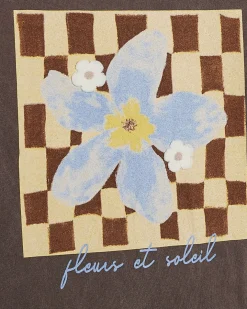 Brown Cotton Checkerboard Flower T-Shirt