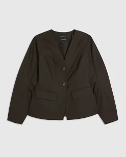 Brown Cotton Collarless Blazer
