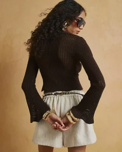 Brown Cotton Crochet Knit Cardigan