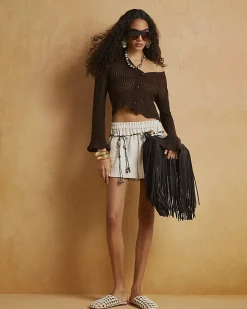 Brown Cotton Crochet Knit Cardigan