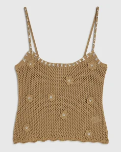 Brown Cotton Embellished Flower Knit Cami Top