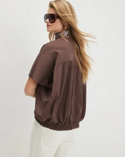 Brown Cotton Hybrid Bubble Hem T-Shirt
