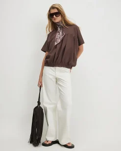 Brown Cotton Hybrid Bubble Hem T-Shirt