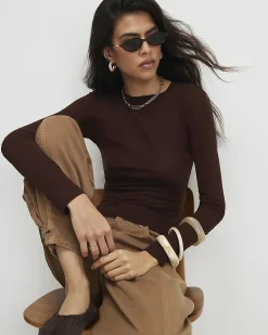 Brown Cotton Long Sleeve Semi Sheer Top