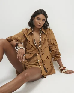 Brown Cotton Poplin Broderie Shirt