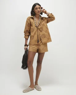 Brown Cotton Poplin Broderie Shirt