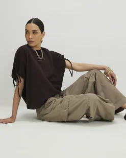 Brown Cotton Ruched Sleeve T-Shirt