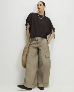 Brown Cotton Ruched Sleeve T-Shirt