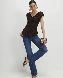 Brown Cotton Ruched V Neck Top