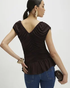 Brown Cotton Ruched V Neck Top