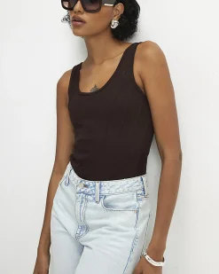Brown Cotton Scoop Neck Seam Trim Bodysuit