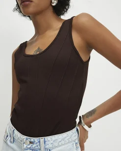 Brown Cotton Scoop Neck Seam Trim Bodysuit