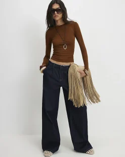 Brown Cotton Semi Sheer Long Sleeve Top