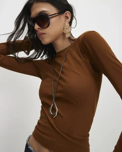 Brown Cotton Semi Sheer Long Sleeve Top