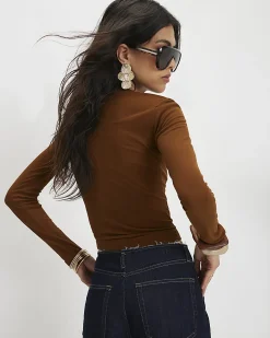 Brown Cotton Semi Sheer Long Sleeve Top