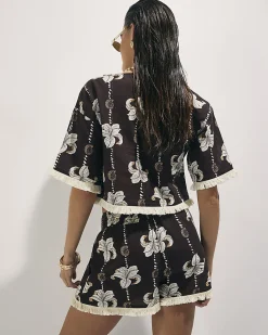 Brown Cotton Shell Print Top And Shorts Set