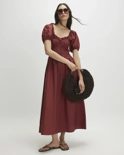 Brown Cotton Shirred Midi dress