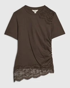 Brown Cotton Short Sleeve Lace Asymmetric Top