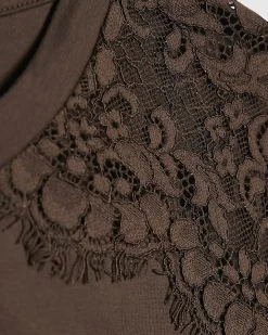 Brown Cotton Short Sleeve Lace Asymmetric Top