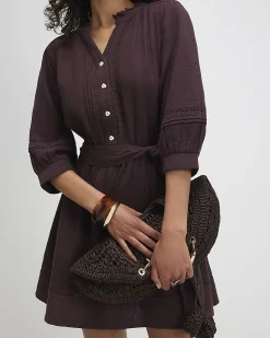 Brown Cotton Textured Mini Dress