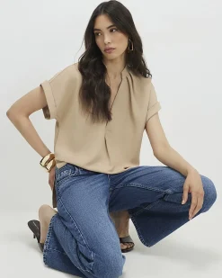 Brown Crepe Notch Neck T-Shirt
