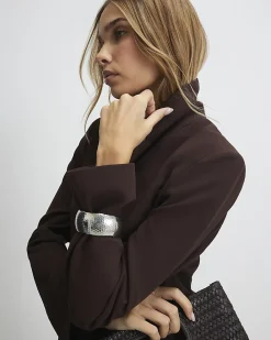 Brown Crepe Ruched Sleeve Blazer