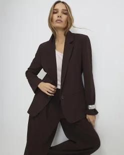 Brown Crepe Ruched Sleeve Blazer