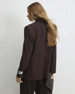 Brown Crepe Ruched Sleeve Blazer