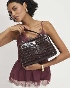 Brown Croc Print Bar Front Tote Bag