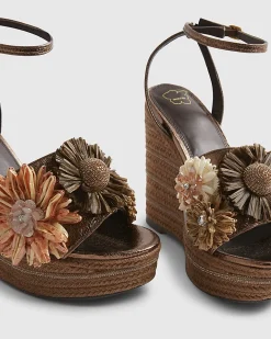 Brown 3D Raffia Flower Wedges
