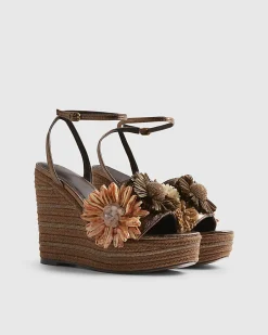 Brown 3D Raffia Flower Wedges