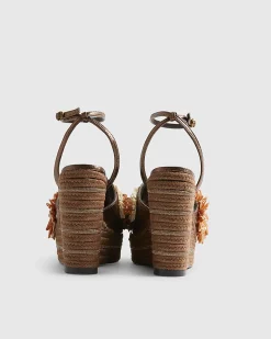 Brown 3D Raffia Flower Wedges