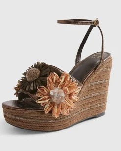 Brown 3D Raffia Flower Wedges