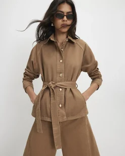Brown Denim Cropped Trench Jacket