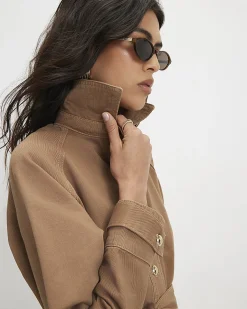 Brown Denim Cropped Trench Jacket