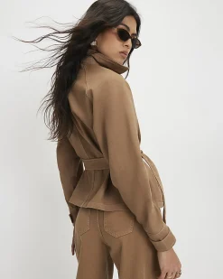 Brown Denim Cropped Trench Jacket