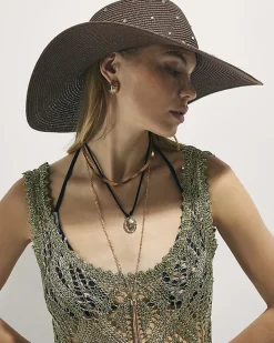 Brown Diamante Floppy Straw Hat