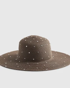 Brown Diamante Floppy Straw Hat