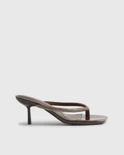 Brown Diamante Toe Thong Heeled Sandals