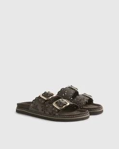 Brown Double Strap Scallop Footbed Sandals