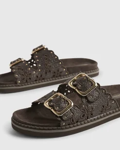 Brown Double Strap Scallop Footbed Sandals